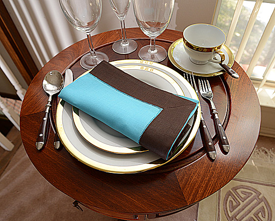 Hemstitch Dinner Napkin, 18", Aqua with Brown border.