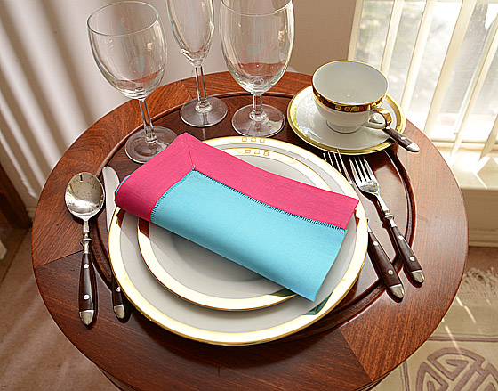 Hemstitch Dinner Napkin, 18", Aqua with Hot Pink border.