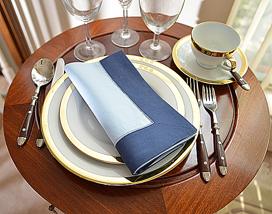 Hemstitch Dinner Napkin, 18", Light Blue with Navy border.