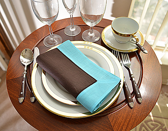 Hemstitch Dinner Napkin, 18", Brown with Aqua blue border.