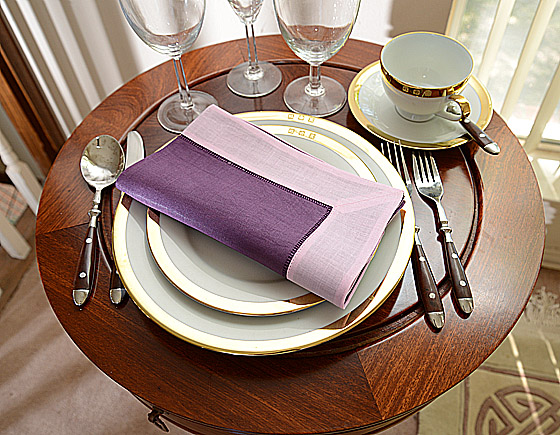 Hemstitch Dinner Napkin, 18", Purple with Pink border.