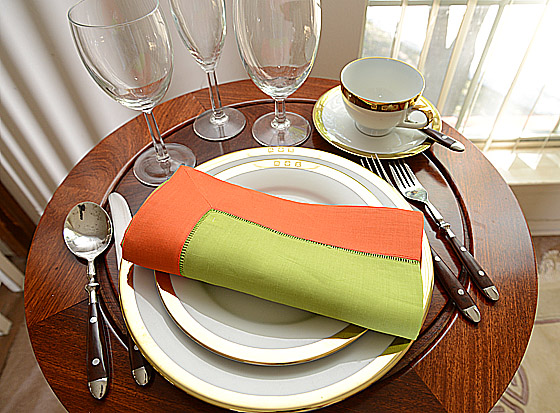 Hemstitch Dinner Napkin, 18", Hot Green with Hot Orange border.