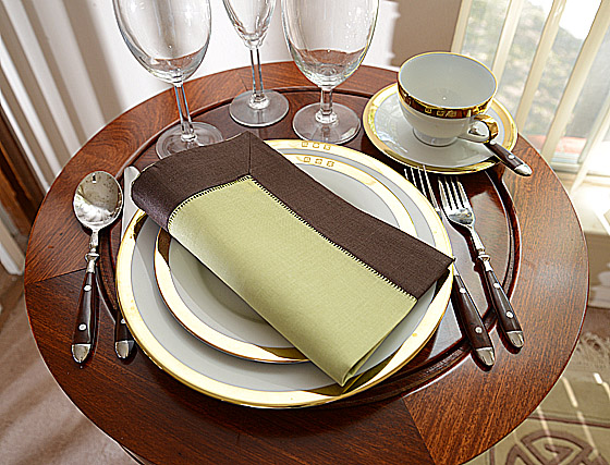 Hemstitch Dinner Napkin, 18", Mellow Green with Brown border.