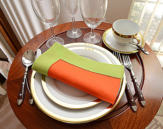 Hemstitch Dinner Napkin, 18", Hot Orange with Hot Green border.