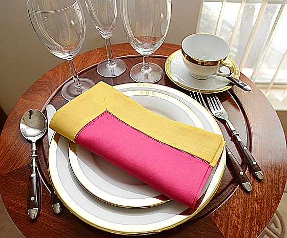 Hemstitch Dinner Napkin, 18", Hot Pink with Gold border.