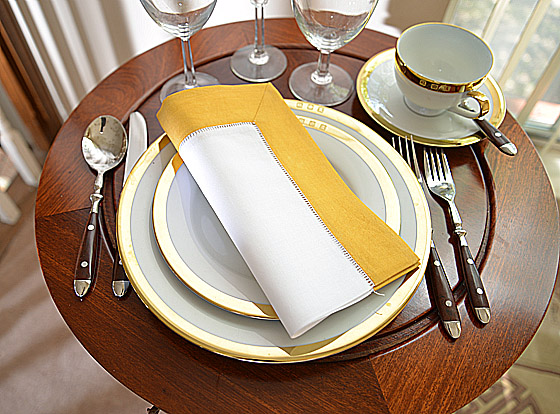 Hemstitch Napkin, 18", white with Honey Gold border.