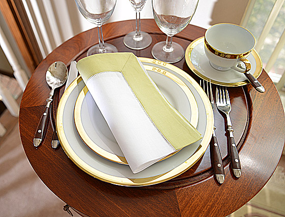 Hemstitch Napkin, 18", white with Mellow Green border.