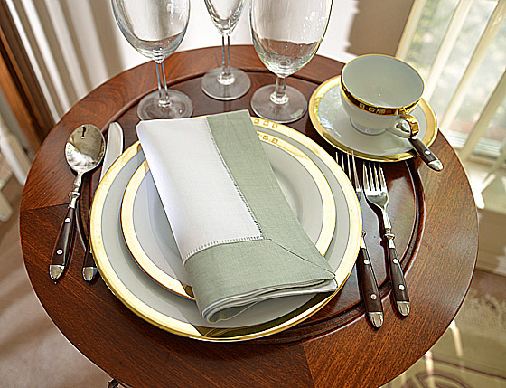 Hemstitch Napkin, 18", white with Pussy Willow Gray border.