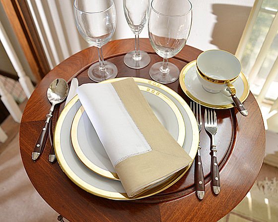 Hemstitch Napkin, 18", white with Almond Milk border