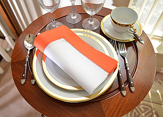 Hemstitch Napkin, 18", white with Hot Orange border