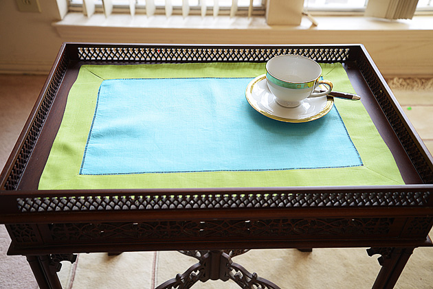 hemstitch placemat, 14x20", Aqua & Hot Green border