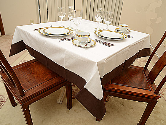 Hemstitch Square Tablecloth, 54"square. White with Chocolate border