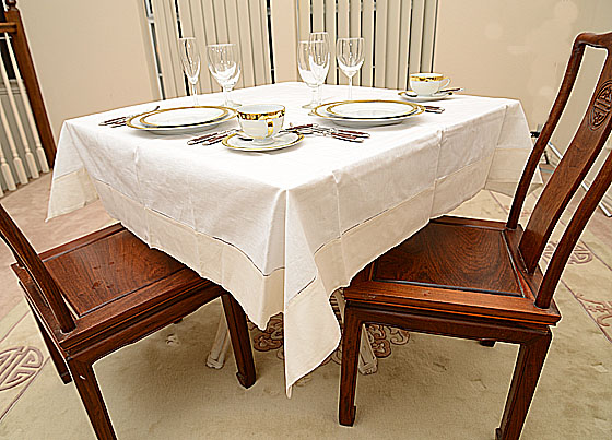 Tablecloth, 54"square. White with Ivory Pearl Color border