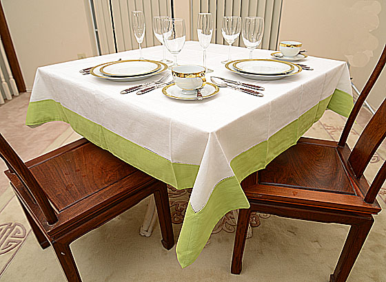 Tablecloth, 54"square. White with Hot Green border