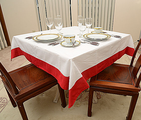 54" Square Tablecloth. With Red color border.