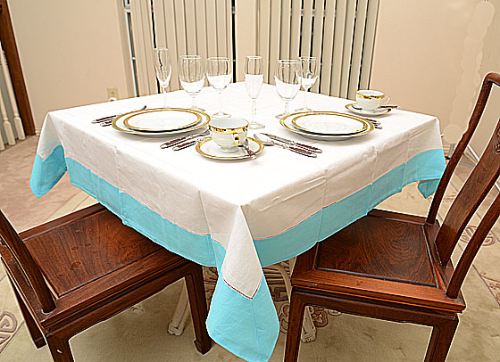 Tablecloth, 54"square. White with River Blue color border