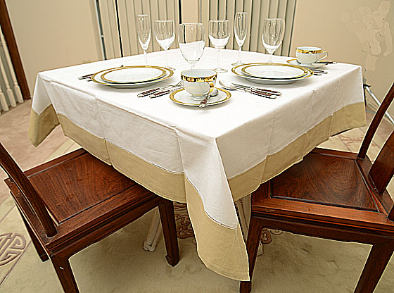 Tablecloth, 54"square. White with Almond Milk Color border