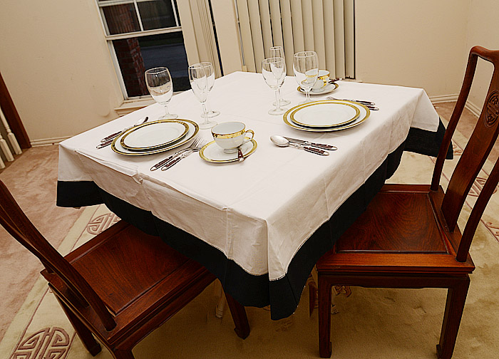 Tablecloth, 54"square. White with Black color border