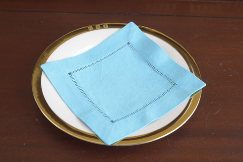 Hemstitch Cocktail Napkin, 6x6". Blue Atoll color