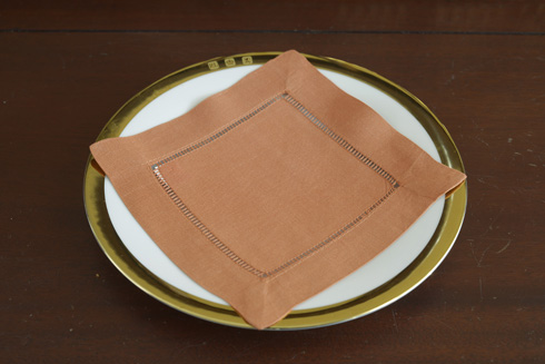 Hemstitch Cocktail Napkin, 6x6". Peach Caramel Color