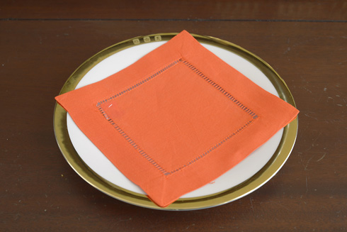 Hemstitch Cocktail Napkin, 6x6". Hot Orange Color