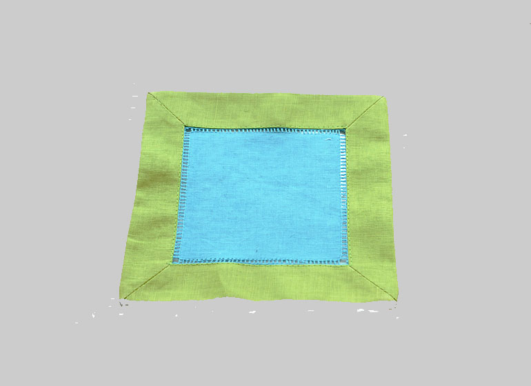 Hemstitch Cocktail Napkin, 6x6". Aqua & Hot Green border