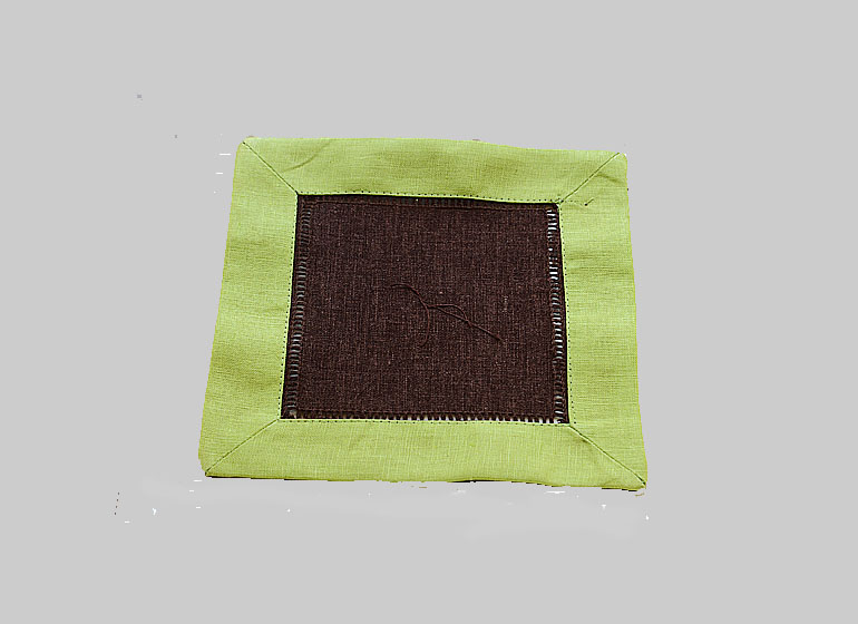 Hemstitch Cocktail Napkin, 6x6". Brown with Hot Green border