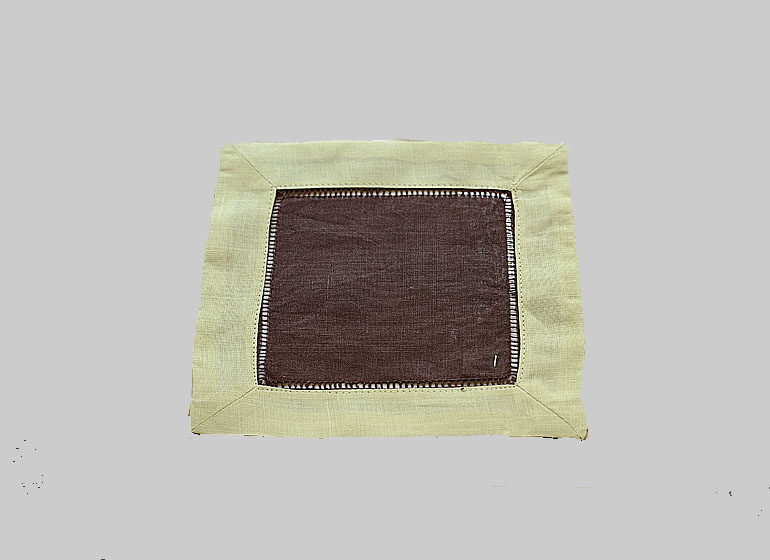 Hemstitch Cocktail Napkin, 6x6". Brown with Mellow Green border
