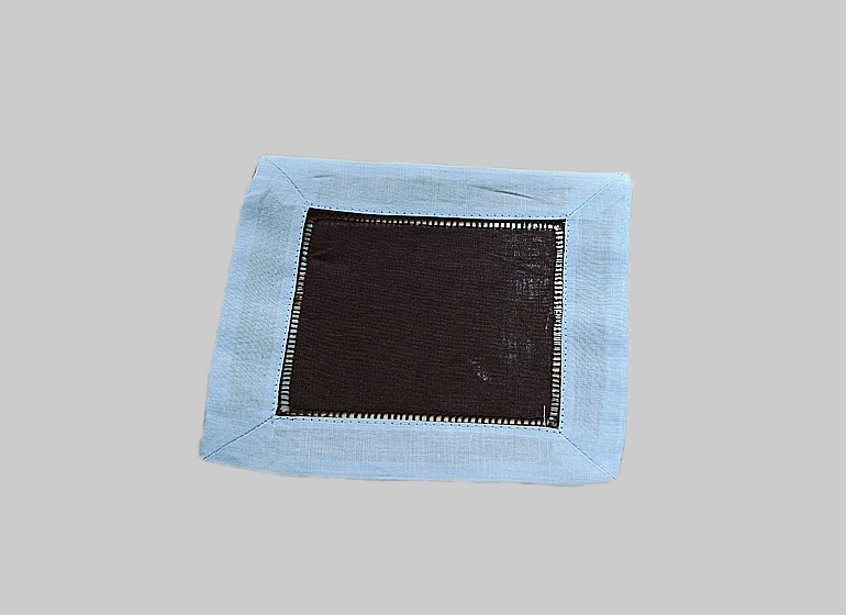 Hemstitch Cocktail Napkin, 6x6". Brown with Light Blue Border