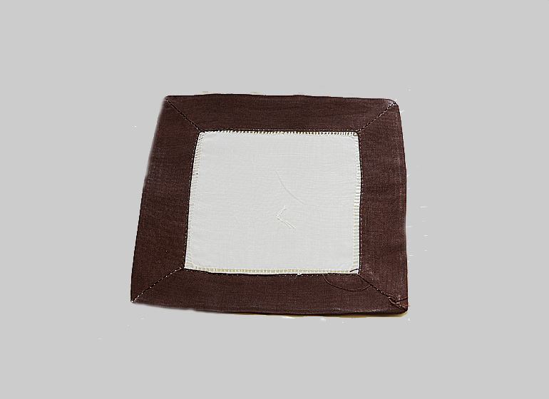 Hemstitch Cocktail Napkin, 6x6". Ivory with Brown border