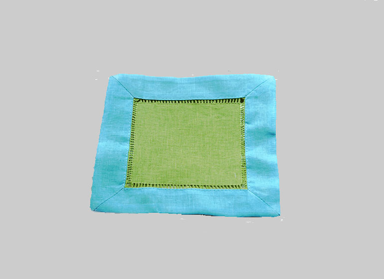 Hemstitch Cocktail Napkin, 6x6". Hot Green with Aqua border