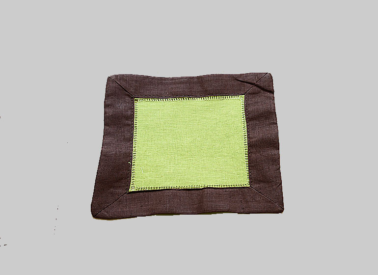 Hemstitch Cocktail Napkin, 6x6". Hot Green with Hot Brown border