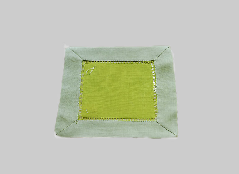 Hemstitch Cocktail Napkin, 6x6". Hot Green with Mellow Green border