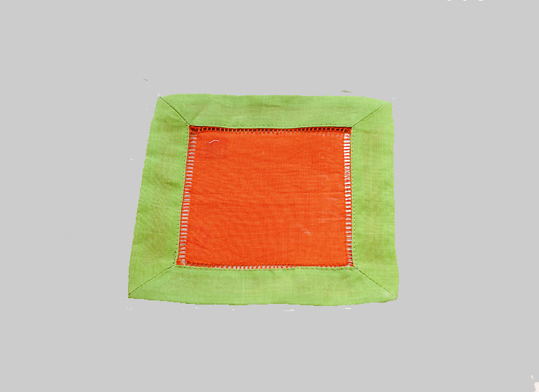 Hemstitch Cocktail Napkin, 6x6". Hot Orange with Hot Green