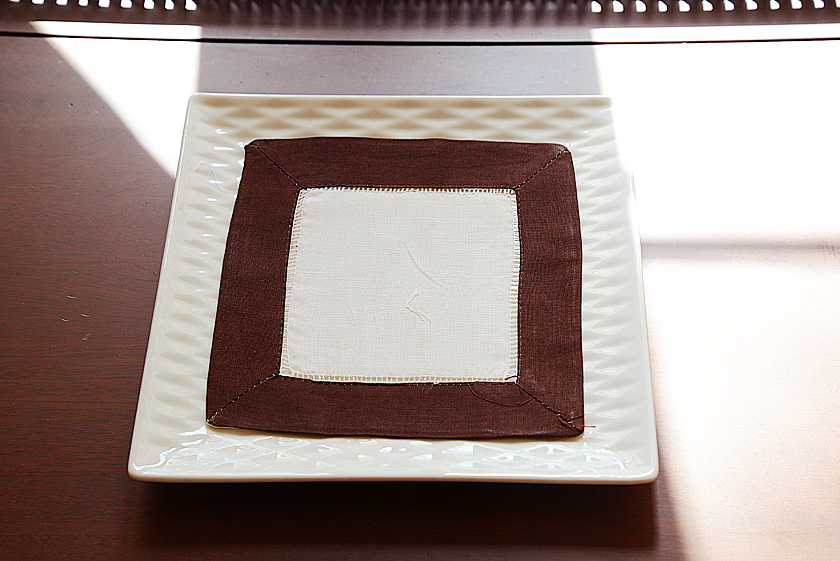 cocktail napkin, 6x6" cream with brown border