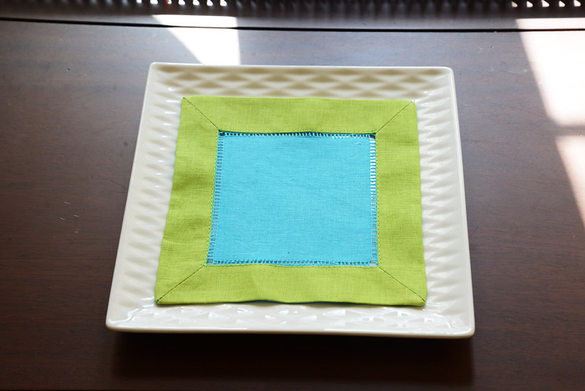 cocktail napkin, 6x6" aqua with hot green border