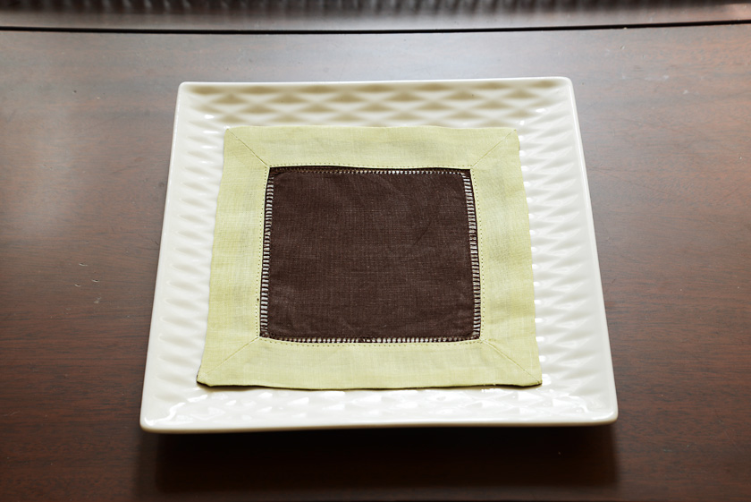 Cocktail Napkin, 6x6". Brown with Mellow Green border