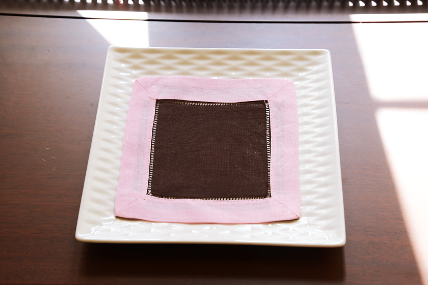 cocktail napkin, 6x6" brown with pink border