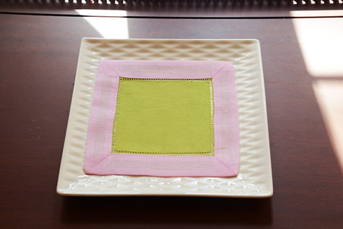 Cocktail Napkin, 6x6, hot green with pink border