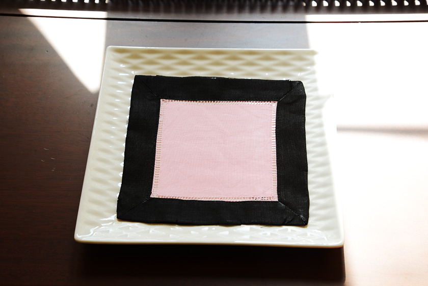 Cocktail Napkin 6x6". Pink with brown border