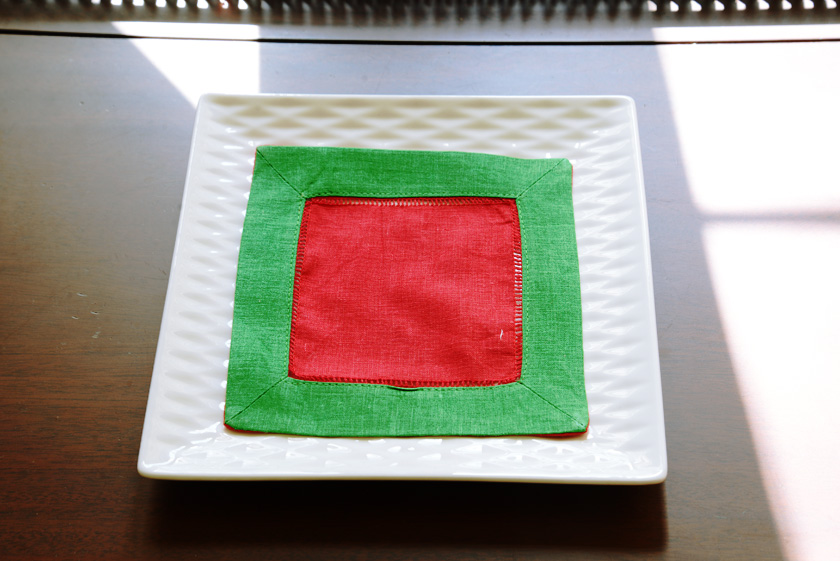 Cocktail Napkin, 6x6". Red with Xmas Green border