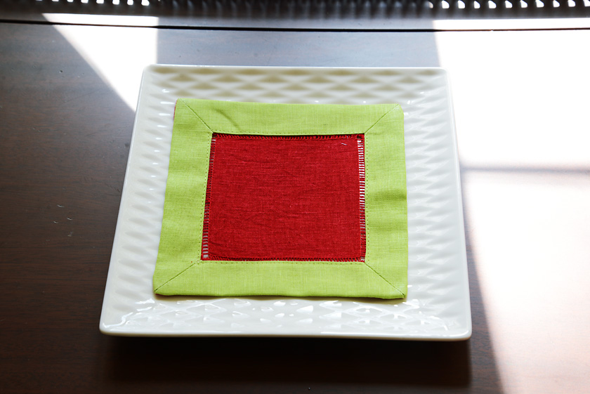 Cocktail Napkin, 6x6". Red with Hot Green border