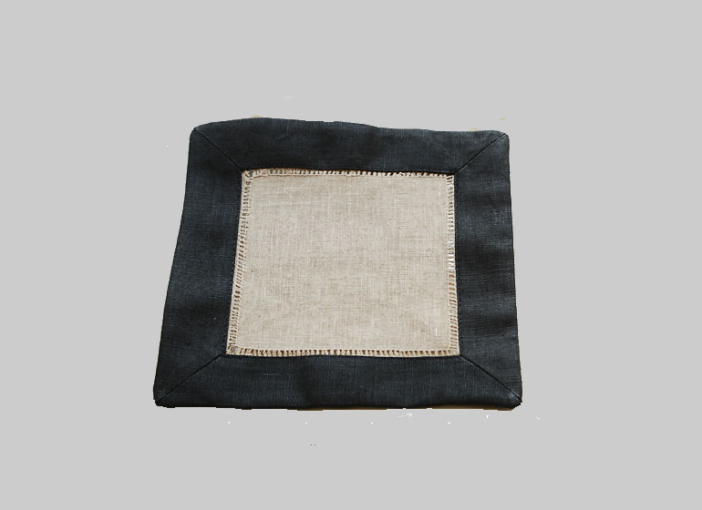 Hemstitch Cocktail Napkin, 6x6".Taupe with Black border