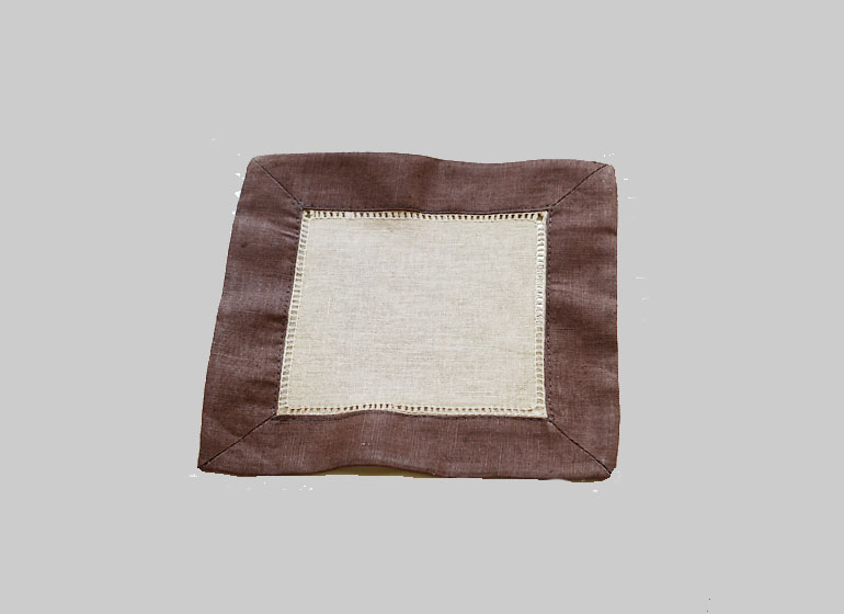 Hemstitch Cocktail Napkin, 6x6".Taupe with Brown border