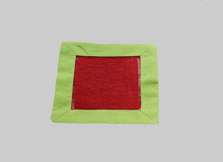 Hemstitch Cocktail Napkin, 6x6". Red with Hot Green border