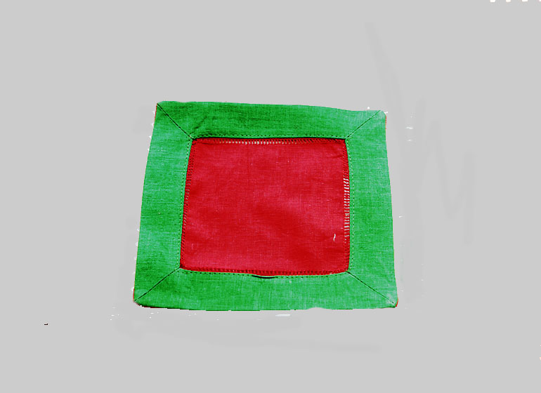 Hemstitch Cocktail Napkin, 6x6". Red with Xmas Green border