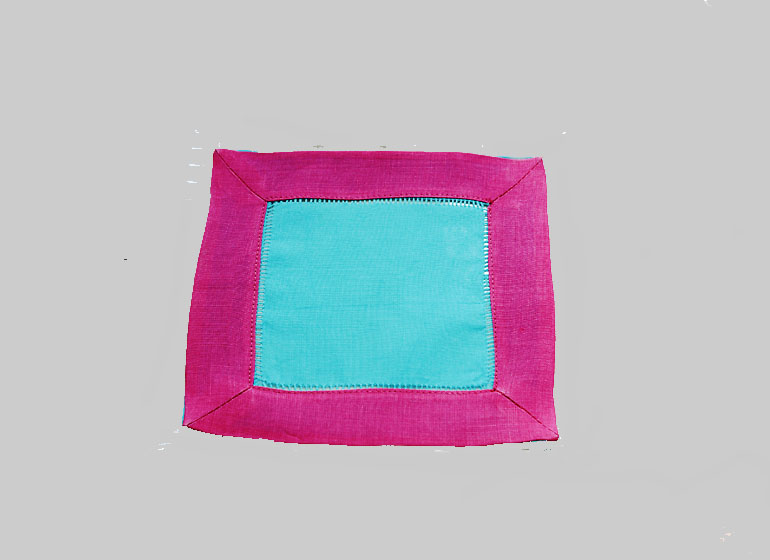 Hemstitch Cocktail Napkin, 6x6". Aqua with Hot Pink border