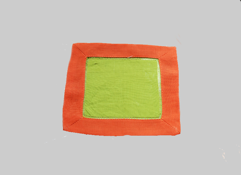 Hemstitch Cocktail Napkin, 6x6". Hot Green with Hot Orange