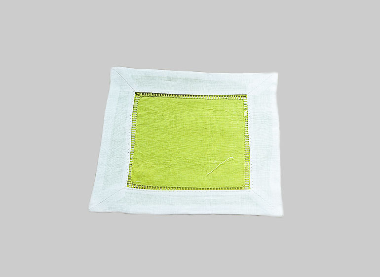 Hemstitch Cocktail Napkin, 6x6". Hot Green with White border