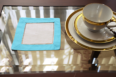 Hemstitch Cocktail Napkin, 6x6". Blue Atoll color border